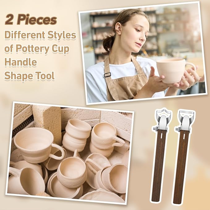 Therwen 2 Pcs Sculpture Scraper Pottery Carving Tool Pottery Cup Handle Shape Clay Extruder Tool Teacup Mug Handgrip Clay Cutters with Wooden Handle for Ceramic Sculpture Craft(Simple Style)