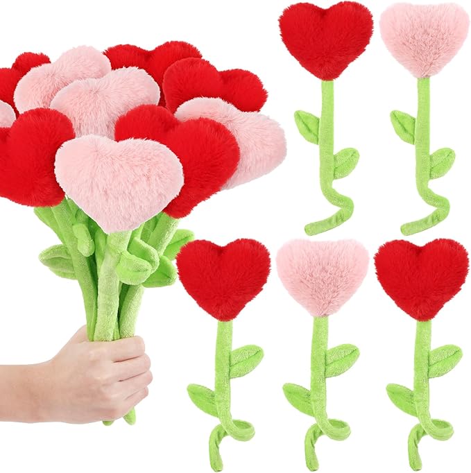 10 Pcs Plush Heart Flower Stuffed Bendable Stems Plush Bouquet Toy Soft Rose Flower 12.6 Inch for Christmas 2025 Mother's Day Girl Girlfriend Wife(Red and Pink Heart)