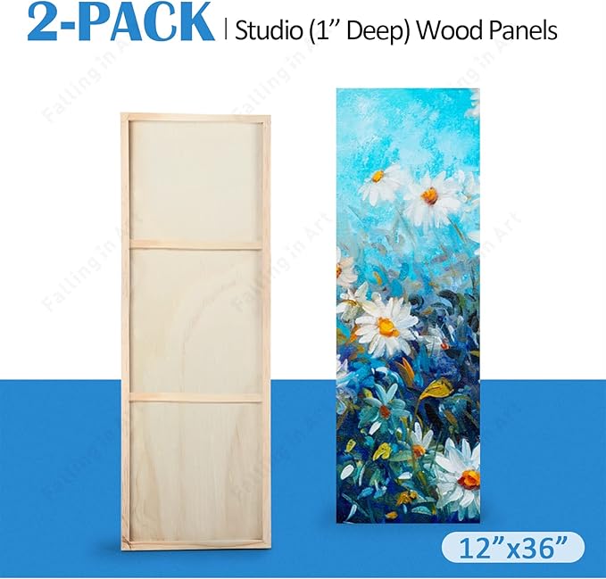 Falling in Art Unfinished Birch Wood Panels Kit for Painting, Wooden Canvas 2 Pack of 12x36’’ Studio 1’’ Deep, Cradle Boards for Pouring, Art, Crafts, Burning and More