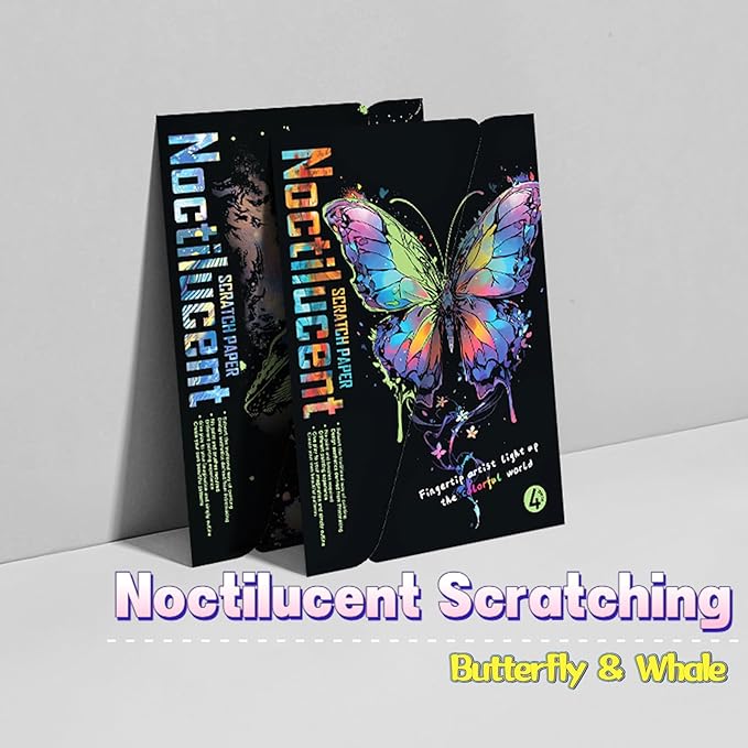 Scratch Paper Art for Adults-Glow in The Dark Scratch Painting Craft Kit (8 Sheets A4)|DIY Foil Engraving Art Set|Stress Relief Gift for Travel Lovers,Craft Lovers,Home Decors (Butterfly & Whale)