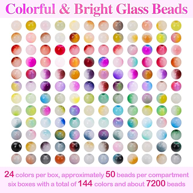 XSEINO About 7200+ pcs 6mm Glass Beads Bracelet Making Kit, 144 Assorted Colorful Bi-Color Fusion Series Crystal Beads Making and DIY Crafts