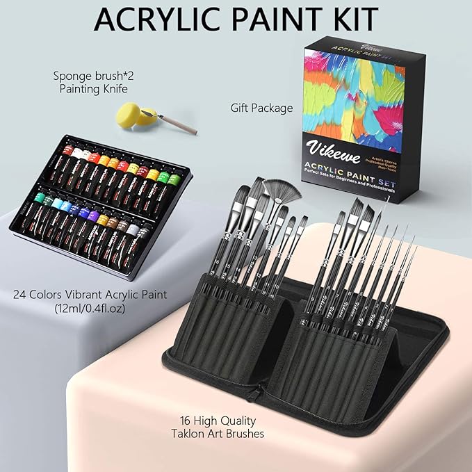 Acrylic Paint Set, 44 Piece Professional Painting Set, Includes 24 Acrylic Paints, 16 Pcs Paint Brushes with Case,Paint Knife and Art Sponge for Watercolor, Oil, Artists, Students and Kids