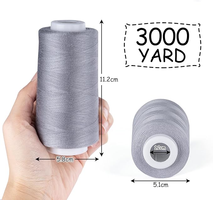 ilauke 3000 Yards Serger Thread of 4 Cones Each Spool 100% Polyester Sewing Thread All Purpose Sewing Thread for Serger Sewing Machine, Overlock Cone Sewing Supplies, 40S/2 Grey