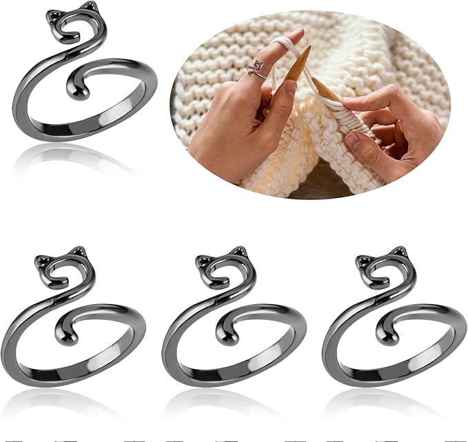 YUXIANLB 4pcs Knitting Crochet Loop Ring for Fingers Metal Open Yarn Guide Crochet Rings Adjustable Braided Faster Knitting Thimbles Holders Accessories for Crochet Mother Grandma Gifts (4Black)