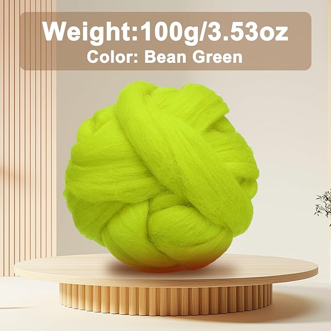 uxcell 3.53oz Wool Roving Yarn, Needle Felting Wool Fiber DIY Craft Needle Wet Felting Supplies for Blending Weaving Handcrafts, Bean Green