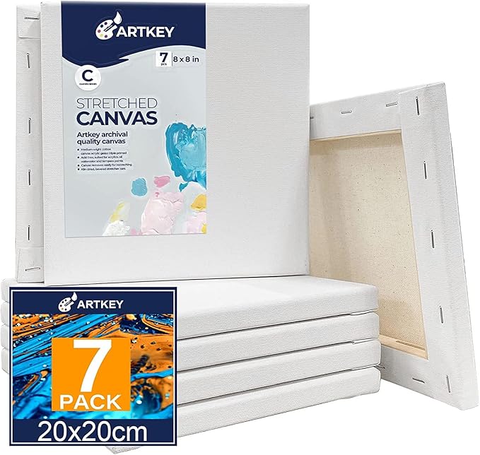 Stretched Canvases for Painting 8x8 Inch 7-Pack, 10 oz Triple Primed Acid-Free 100% Cotton Blank Canvas, Square Canvas for Oil Paint Acrylics Pouring & Wet Art Media, Pour Painting
