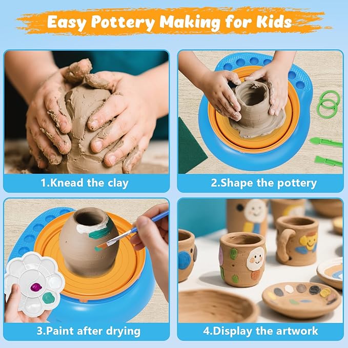 TingingYuli Pottery Wheel for Kids,Complete Pottery Kit and Tools for Beginners,Arts and Crafts Toys for Kids Ages 8-12,Art Supplies Birthday Gifts for Boy Girl Age 6 7 8 9 10 11 12 (Yellow/Blue)
