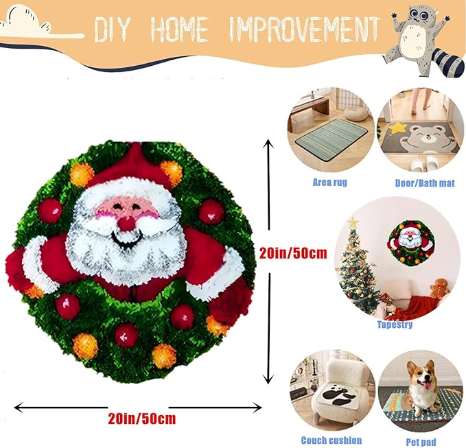 Latch Hook Kits for Adults - DIY Latch Hook Rug Kits for Kids, Crochet Kit for Beginners, Rug Making Kits with Printed Canvas, Gift Packaging. (Father Christmas, 20x20 inch)