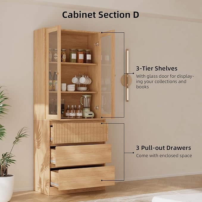 TUSY 71'' Freestanding Tall Storage Cabinet, 5 Tier Wood Bookcase with 3 Drawers and 2 Tempered Glass Doors (DBBD)