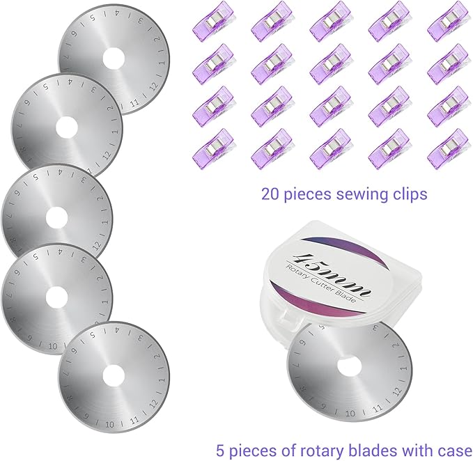 Headley Tools Rotary Cutter Set - 45mm Fabric Cutter, 5 Extra Rotary Blades, A3 Cutting Mat, Quilting Ruler and Sewing Clips, Craft Knife Set, Ideal for Crafting, Sewing, Patchworking, Purple