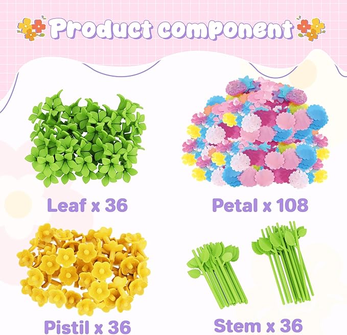 FUNZBO 216 Pcs DIY Fabric Flower Bouquets Toys Accessories - Flowers Market Toy Accessorie - Christmas Arts & Crafts Toy Accessories for 4 5 6 7 8+Year Old Girl Birthday Gifts Ideas (36 Flower Stems)