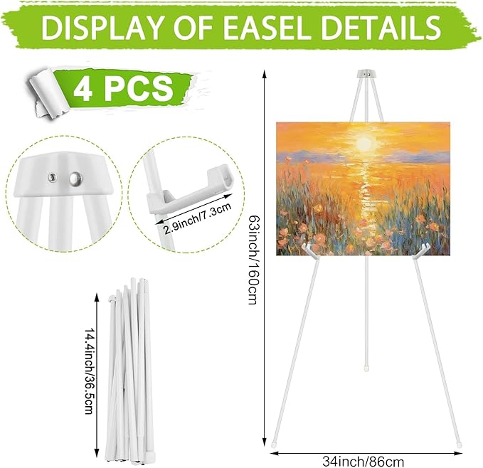 DAJAVE 4 Pack 63 Inch Display Easel Stand, Folding Easels for Display, Portable Tripod Display Easel, White Adjustable Metal Easel for Wedding Sign, Posters, Painting