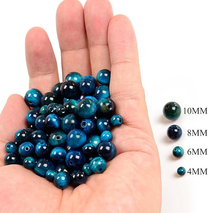 NCB 100pcs Original Natural Stone Beads Gemstone Round Loose Beads 6mm 8mm 10mm (Aquamarine Tiger's Eye, 10mm 100Beads)