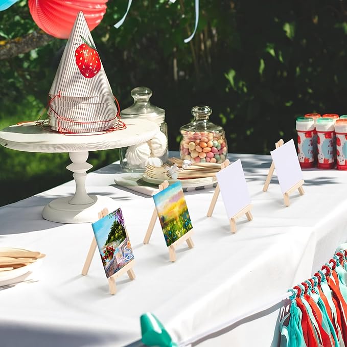 40 Pack Mini Canvas and Easel Set for Painting Canvas Panels with 5.9 Inch Wooden Easels for Oil Acrylic Painting Birthday Baby Shower Back to School Party Favors (4 x 4 Inch)