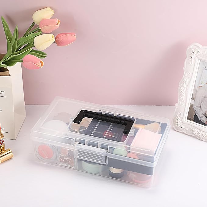 JUXYES Plastic Carry Storage Box with Removable Dividers, Clear Art Craft Supply Storage Bin Sewing Box With Handle Lid, 2 Layers Stationery Storage Case for School/Office Supplies