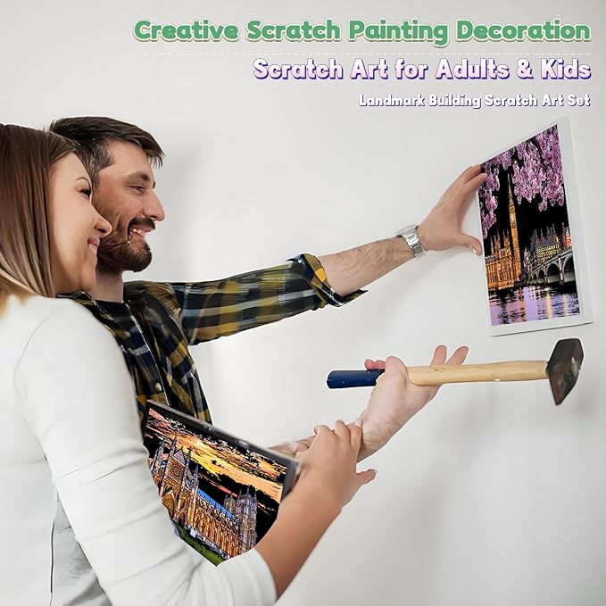 Scratch Art Painting Kit for Adults-8 Sheets A4 Rainbow Scratch Painting Paper Craft Set with City Landmarks|Stress Relief Gift for Travel&Craft Lovers|Scratch Art Home Decor(Europe Series 2)