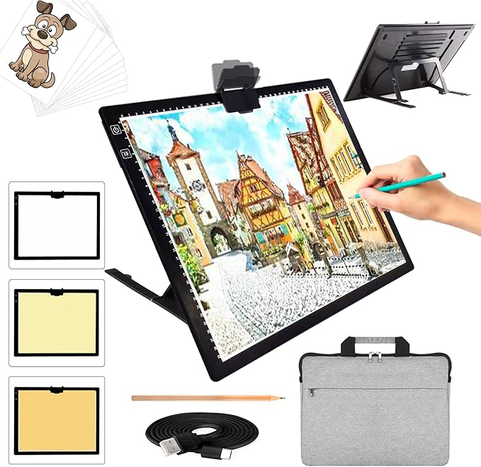 A3 LED Light Pad with Carry Bag, TOHETO Wireless Rechargeable Light Board with Stand and Top Magnetic Clip 3 Colors Stepless Dimmable 6 Levels Brightness Light Box for Diamond Painting Weeding Vinyl
