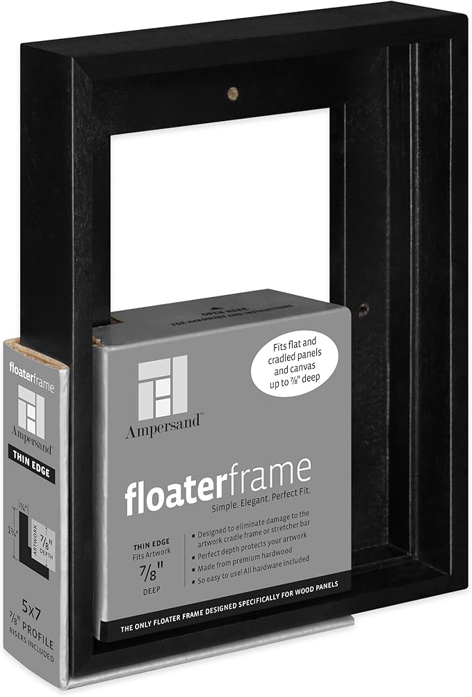 Ampersand Floaterframe Readymade Frame for Flat and 7/8" Deep Wood Panel and Canvas Artwork, Paintings, Prints, and More, 5"x7", Black Thin