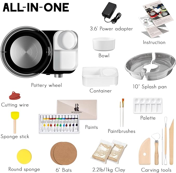 Pottery Wheel for Adults - Complete Pottery Tools Kit for Beginners, 6" Turntable Two-Way Rotation Adjustable Speed, 2.2 lbs. Air Dry Clay, Mini Clay Making Pottery Wheel with Storage Design (Black)