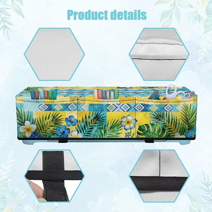 Binienty Dust Cover for Cutting Machine, Tropical Plumeria Pine Needle Leaf Stylish Scrapbooking Die-Cut Machine Cover with 3 Storage Pouch Craft Tool Organizer Holder