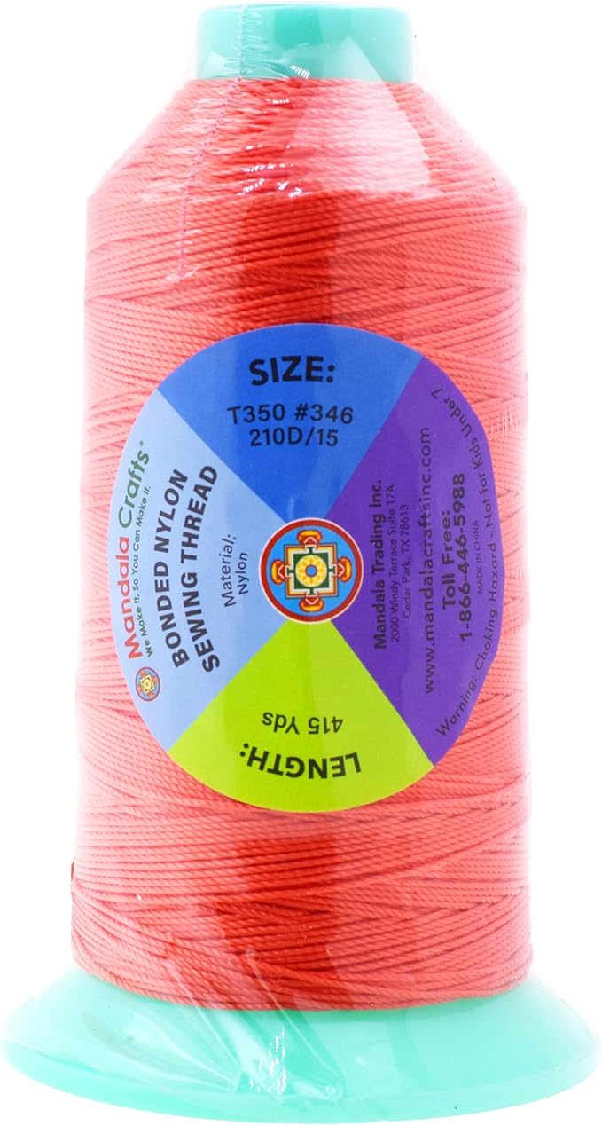 Mandala Crafts Bonded Nylon Thread Coral Heavy Duty Sewing Threads - 415 YDs Size 346 210D T350 Tex 350 Thread for Leather Jeans Weaving Outdoor Marine Upholstery Threads