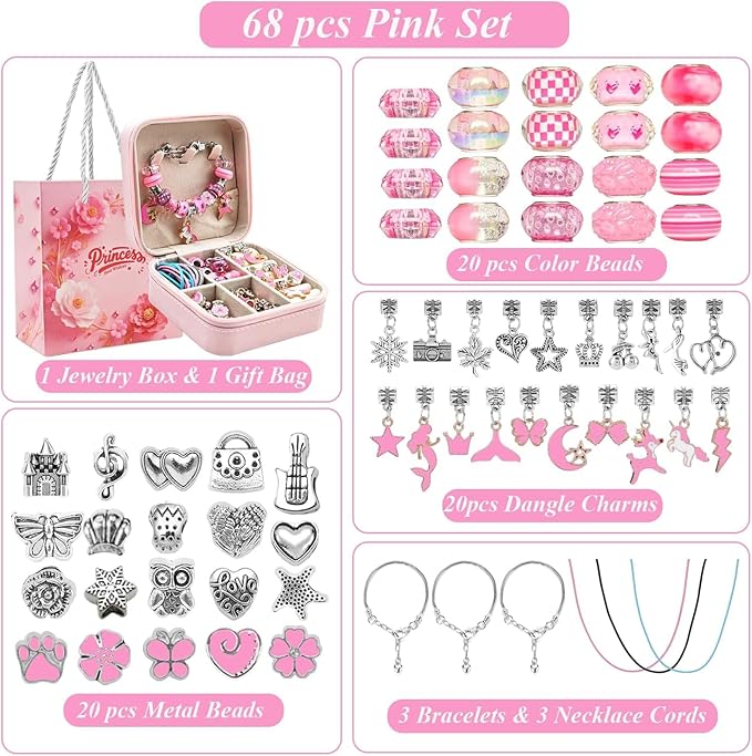 ONADEBY DIY Bracelet Kit with Beads & Charms - Friendship Jewelry Making Kit, A Perfect Birthday and Christmas Craft Gifts with Box Bag Packing (Pink)