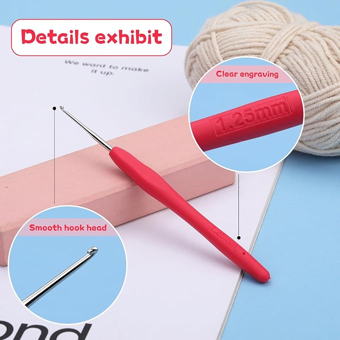 1.25 mm Crochet Hook, Ergonomic Handle for Arthritic Hands, Extra Long  Knitting Needles for Beginners and Crocheting Yarn (1.25 mm)