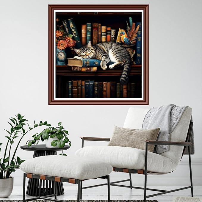 Dimensean Counted Cross Stitch Kit for Beginners, 11CT Unprinted Cross-Stitch Kit Easy Patterns Needlepoint Kit Cross Stitching Embroidery Kit Supplies-Bookshelf Cat 18x18 inch
