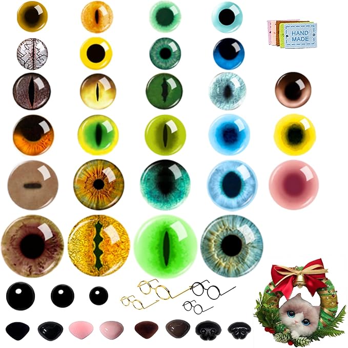 CSCHENGO 8-20mm 253 PCS Amigurum Safety Eyes for Crochet Animals, 3D Glitter Glass Eyes for Crafts Kit with Noses/Glasses/Leather Tags,Doll Crochet DIY Crafts Stuffed Animals Toy Making Supplies