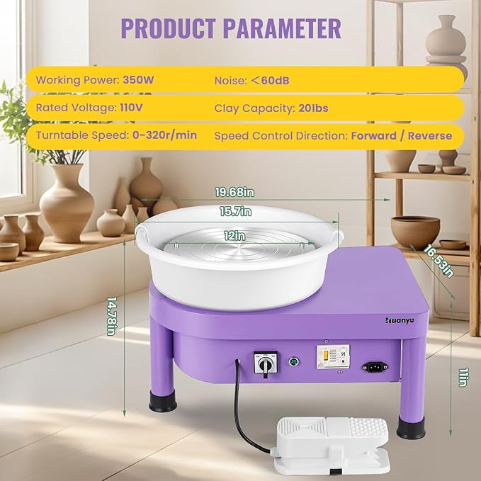Huanyu Pottery Wheel Machine with 12" Bat System Foot Pedal Control Multiple Art DIY Sculpting Tool Kit Ceramic Wheel Clay Machine for Adult (Purple)