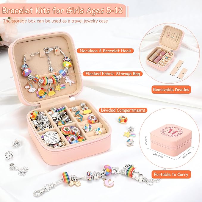 Charm Bracelet Making Kit for Girls 4-6, Kids Jewelry Making Kit 5-7 6-8 66Pcs Jewelry Kits for Teen Girls Ages 8-12 Jewelry Maker Craft Birthday Christmas Gifts with Initial Jewelry Organizer Box -J