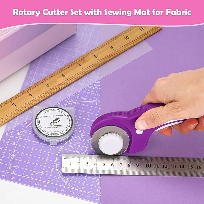 Rotary Fabric Cutter and Mat Set, Audab Self Healing Sewing Mats Shirt Cutter 45mm Rotary Cutting Wheel with Fabric Tool Blades for Cloth Crafts Quilting Scrapbooking Hobby (A4 9" x 12" Purple)