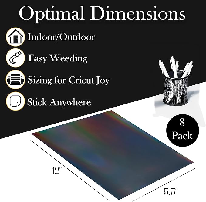 Black Metallic Vinyl Holographic & Oil Slick Vinyl Permanent for Cricut Joy: [8PK, 5.5" x 12" inch] Black Chrome and Holographic Permanent Sheets