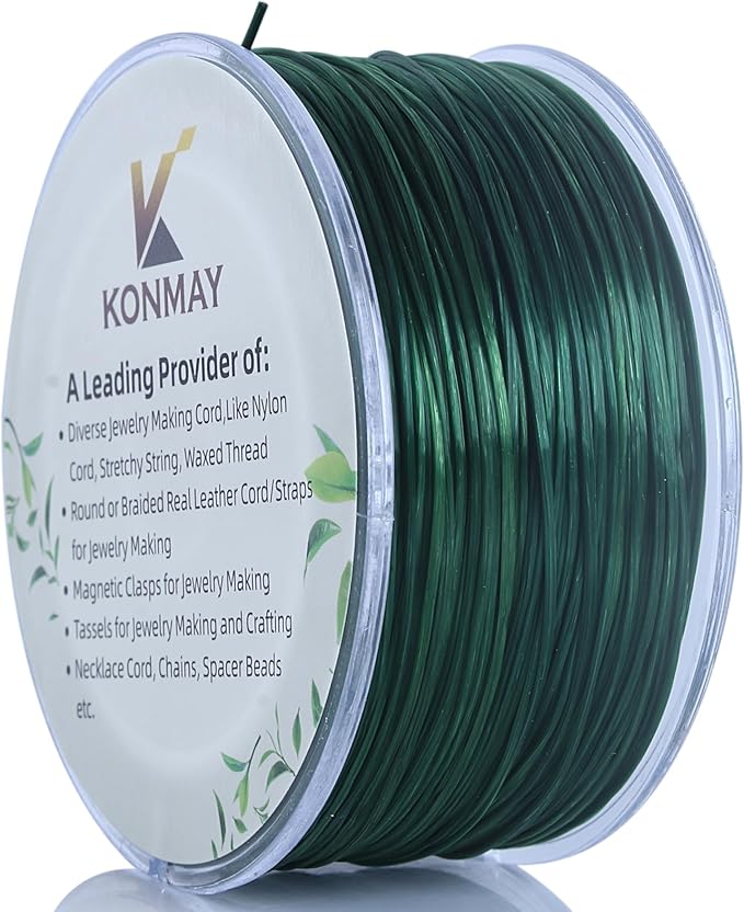 KONMAY 1 Rolls 0.8mm Flat Stretchy Bracelet Strings with Organizing Case, 90 Yards Dark Green Crystal Elastic Thread Cord for Jewelry Bracelets Making and Beading