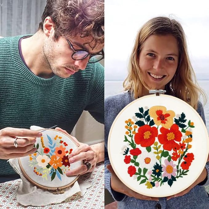 SevFan 4 Sets Embroidery Kit for Beginners Adults,Needlepoint Kits for Adults with Easy Stamped Floral Pattern Fabric Hand Crafts,Bamboo Hoop,Needle,Cloth,Embroidery Kit for Decor Home Room(Flower-4)