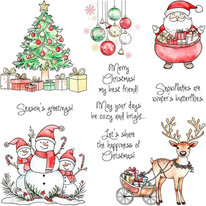 Christmas Clear Stamp Set Reusable Clear Silicone Stamps with Pumpkins, Skulls, Bats, Santa Claus and Holiday Designs for Cards, Scrapbooking, journaling and DIY templates (Merry Christmas)