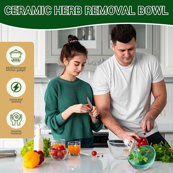 Pottery Herb Stripper Bowl – 4-Slot Herb Stripper with Multiple Hole Sizes, Ergonomic Design, Separating Leaves and Stems for Thyme, Basil, Rosemary, and More (green)