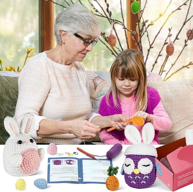 yhwsymgmho Crochet Kit for Beginners:2pcs Animals Crochet Starter Kits with Step-by-Step Video Tutorials,Easy Knitting Set for Adults Kids,DIY Crocheting Doll Gift(Thanksgiving Bunny and owl)