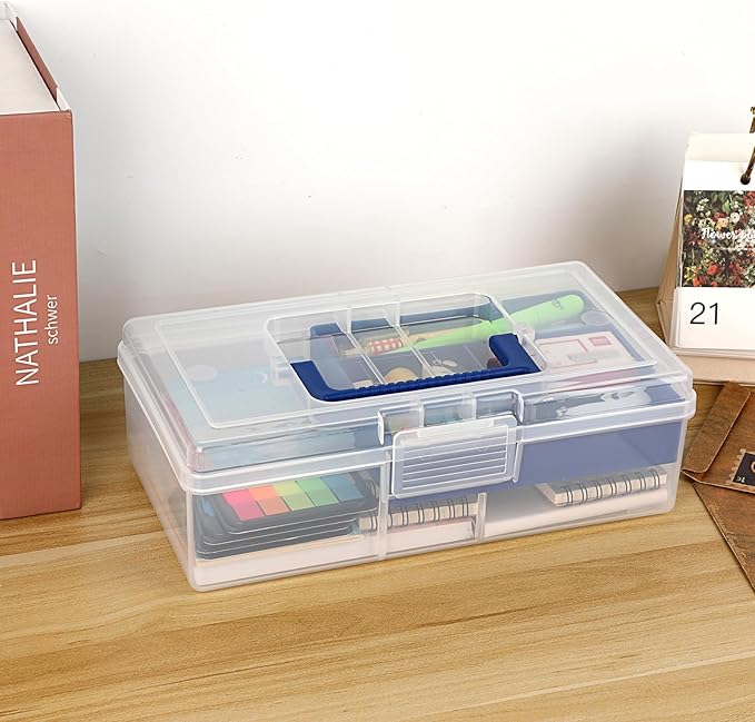 JUXYES Plastic Carry Storage Box with Removable Dividers, Clear Art Craft Supply Storage Bin Sewing Box with Handle Lid, 2 Layers Stationery Storage Case for School/Office Supplies