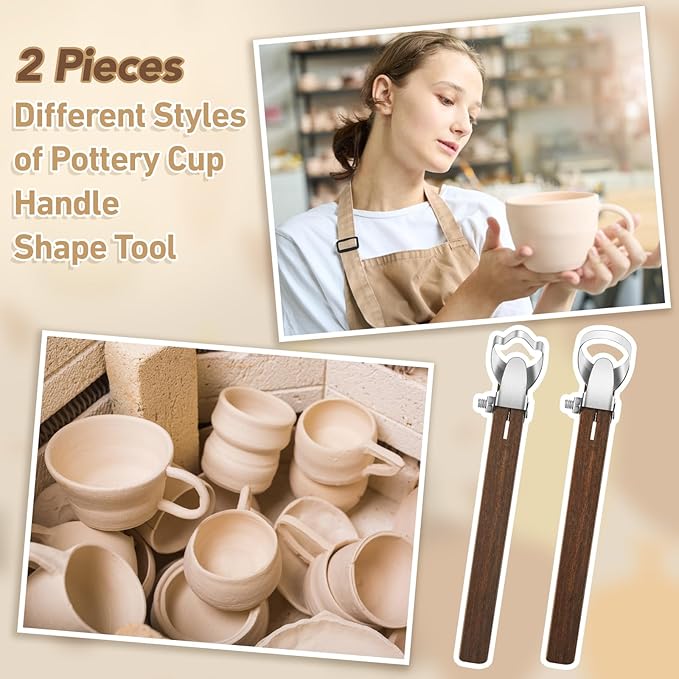 Therwen 2 Pcs Sculpture Scraper Pottery Carving Tool Pottery Cup Handle Shape Clay Extruder Tool Teacup Mug Handgrip Clay Cutters with Wooden Handle for Ceramic Sculpture Craft(Classic Style)