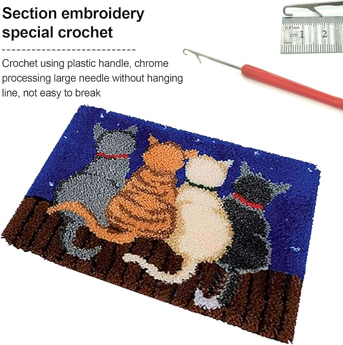 kingsea Latch Hook Kit for Teen, DIY Crochet Yarn Rug with Pattern Printed Latch Hook Rug Kit, Latch Hook Kit for Beginners, Four Cats, 20" x 15"