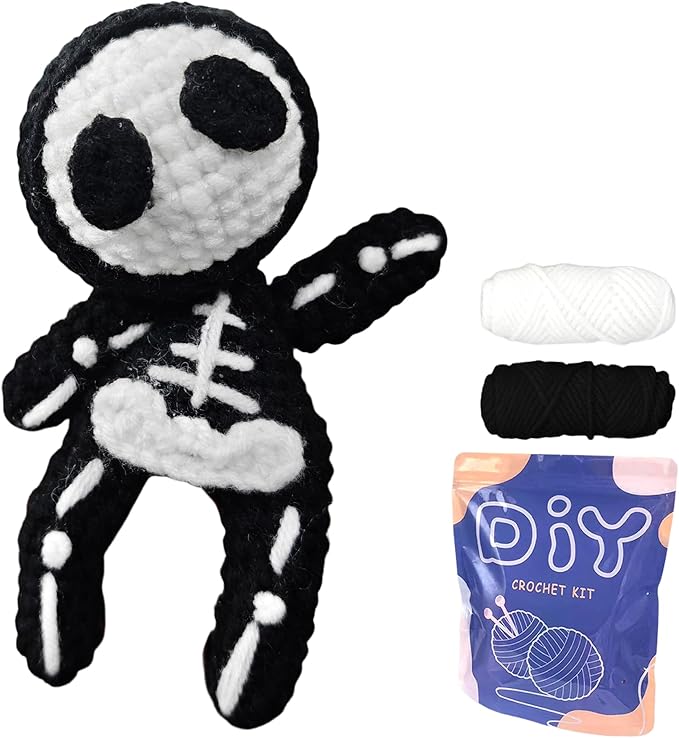 YAMAXIN Skeleton Crochet Kit for Beginners – DIY Yarn Kit with Video Tutorial, Tools & Instructions – Halloween Amigurumi Plush Craft Gift for Adults & Kids (Skeleton Doll)
