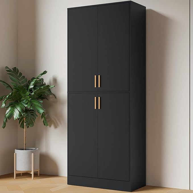 Cozy Castle Kitchen Pantry Cabinet, 71" Tall Wood Storage Cabinet with Doors and Shelves 4 Doors Freestanding Cupboard for Dining Room Living Room Bathroom Furniture, Black
