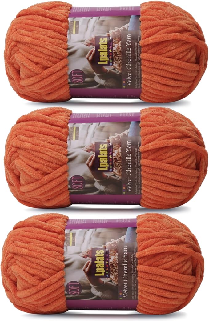 Chunky Chenille Yarn for Crocheting - 3x100g/3.5oz Baby Blanket Yarn for Crocheting Soft - 262 Yards Fluffy Thick Plush Yarns for Knitting Blankets Amigurumi (3, Orange)