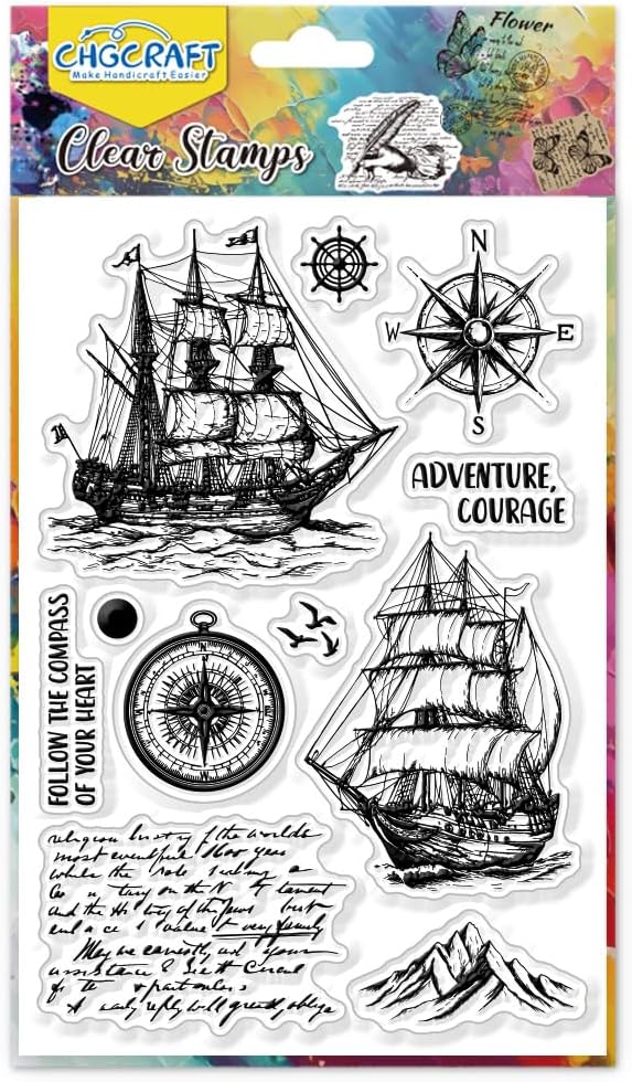 CHGCRAFT Vintage Sailboat Clear Stamps Compass Transparent Stamps Silicone Clear Stamp Seals for DIY Scrapbooking Photo Album Decoration, 4.3x6.3inch