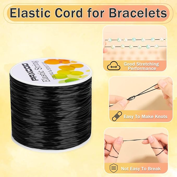 PAXCOO 1.4 MM Elastic String for Bracelets, Stretch Magic Elastic String Bead Cord Jewelry Thread for Friendship Bracelet, Necklaces, Clay Beads, Pony Beads (Black)