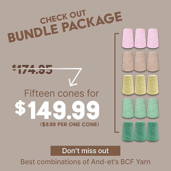 And-et DuraTuft Yarn 45 Vibrant Colors Tufting Nylon Yarn Pack - Ideal for Crochet, Craft Projects -100% B.C.F. - 3 Cones x 1.66lbs -180yards -Perfect for Rug Weaving and Knitting (29 Cobalt Blue)