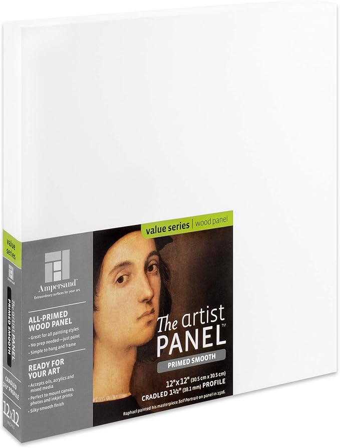 Ampersand Art Supply Wood Gesso Artist Painting Panel: Primed Smooth, 12" x 12", 1-1/2" Cradled Profile