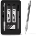 0.5mm Mechanical Pencil with Metal Gift Case, 1PCs Metal Mechanical Pencil with 120PCS HB Lead Refills,4B Erasers and 9PCS Eraser Refills, for Writing Drafting Drawing and Sketching(Silver)