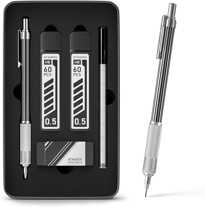 0.5mm Mechanical Pencil with Metal Gift Case, 1PCs Metal Mechanical Pencil with 120PCS HB Lead Refills,4B Erasers and 9PCS Eraser Refills, for Writing Drafting Drawing and Sketching(Silver)